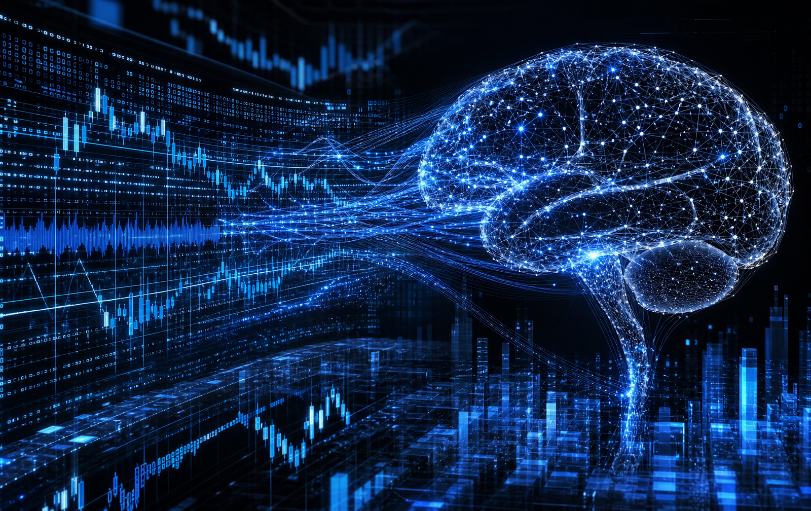 AI-powered neural network fused with live market tick data and candlestick charts